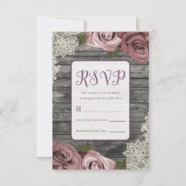 Tarjeta De Confirmación De Asistencia Rosas Polvorientas Rosa Madera Rústica Gris Encaje