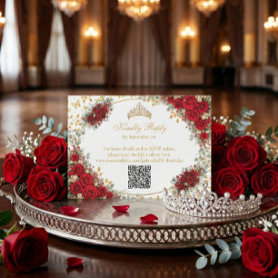 Tarjeta De Confirmación De Asistencia Rosas Rojas Elegantes Mariposas Doradas Quinceañer