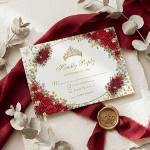 Tarjeta De Confirmación De Asistencia Rosas Rojas Elegantes Mariposas Doradas Quinceañer