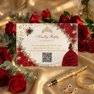 Tarjeta De Confirmación De Asistencia Rosas Rojas Mariposas Doradas Quinceañera