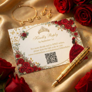 Tarjeta De Confirmación De Asistencia Rosas Rojas Mariposas Doradas Quinceañera