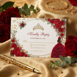 Tarjeta De Confirmación De Asistencia Rosas Rojas Mariposas Doradas Quinceañera