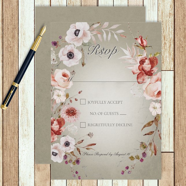 Tarjeta De Confirmación De Asistencia Rosas románticos Boda floral verde rosado (Subido por el creador)