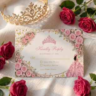 Tarjeta De Confirmación De Asistencia Rosas rosadas acuarela Tiara dorada Quinceañera