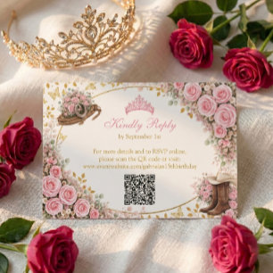 Tarjeta De Confirmación De Asistencia Rosas rosadas occidentales Quinceañera dorada del