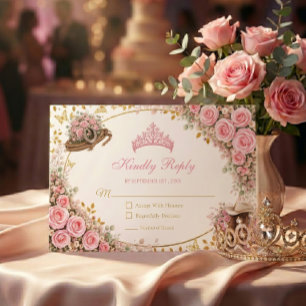 Tarjeta De Confirmación De Asistencia Rosas rosadas occidentales Quinceañera dorada del 
