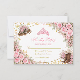Tarjeta De Confirmación De Asistencia Rosas rosadas occidentales Quinceañera dorada del 