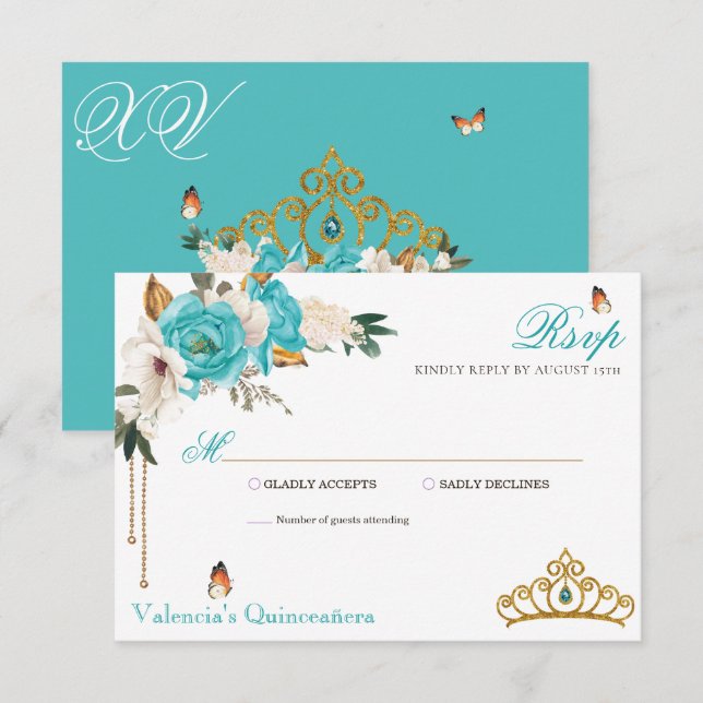 Tarjeta De Confirmación De Asistencia Rosas turquesa Gemstone Tiara Quinceanera (Anverso / Reverso)