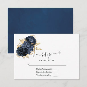 Tarjeta De Confirmación De Asistencia Rosas vintage desgastadas de color navy y dorado