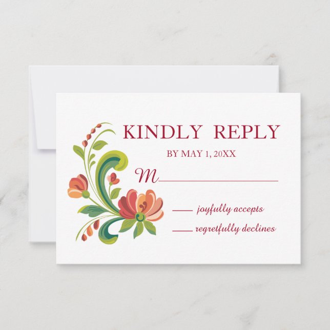 Tarjeta De Confirmación De Asistencia Rosemaling Rojo y Rosa (Anverso)