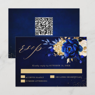 Tarjeta De Confirmación De Asistencia Royal Azul Amarillo Oro Metálico Floral Boda QR