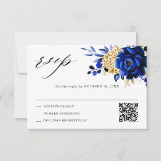 Tarjeta De Confirmación De Asistencia Royal Azul Amarillo Oro Metálico Floral Boda QR