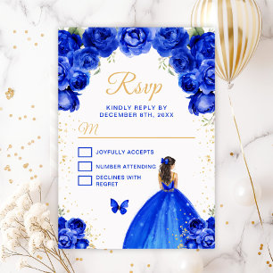 Tarjeta De Confirmación De Asistencia Royal Blue and Gold Brunette Hair Princess