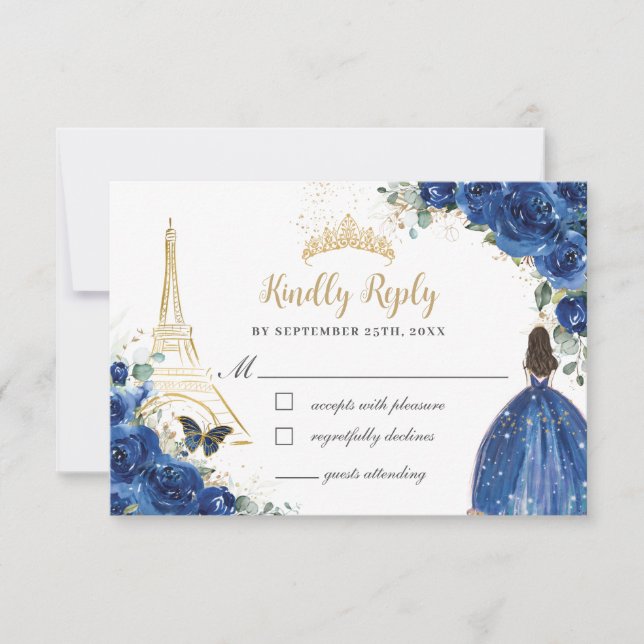 Tarjeta De Confirmación De Asistencia Royal Blue Floral Gold Princess Quinceañera (Anverso)