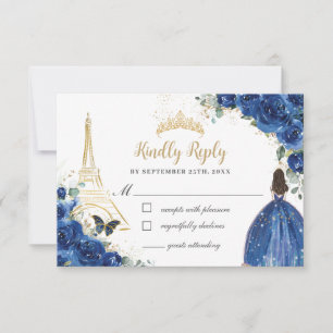 Tarjeta De Confirmación De Asistencia Royal Blue Floral Gold Princess Quinceañera