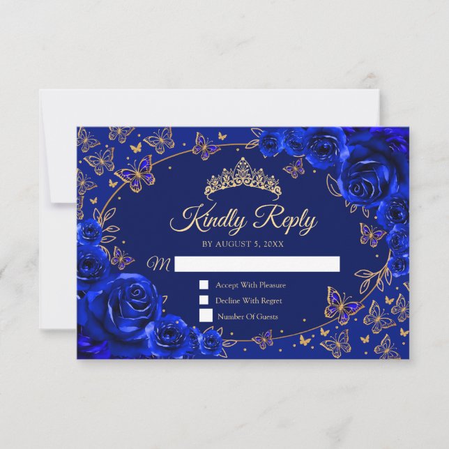 Tarjeta De Confirmación De Asistencia Royal Blue Gold Quinceanera Reply (Anverso)