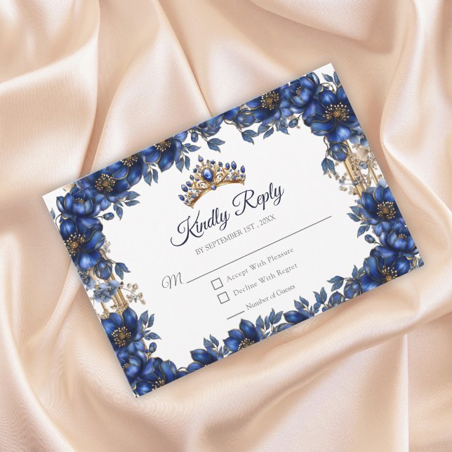 Tarjeta De Confirmación De Asistencia Royal Blue Golden Tiara Floral Quinceañera (Subido por el creador)