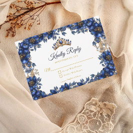 Tarjeta De Confirmación De Asistencia Royal Blue Golden Tiara Floral Quinceañera
