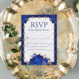 Tarjeta De Confirmación De Asistencia Royal Blue Metallant Elegant Boda Floral
