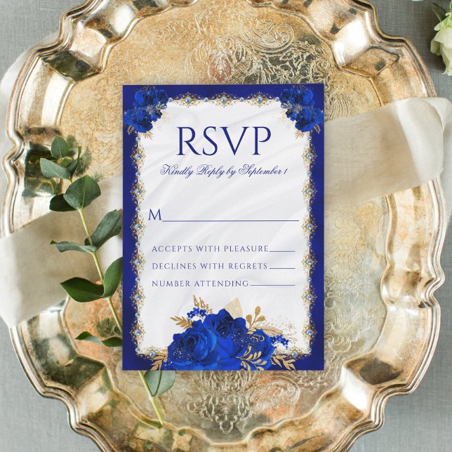 Tarjeta De Confirmación De Asistencia Royal Blue Metallant Elegant Boda Floral (Subido por el creador)