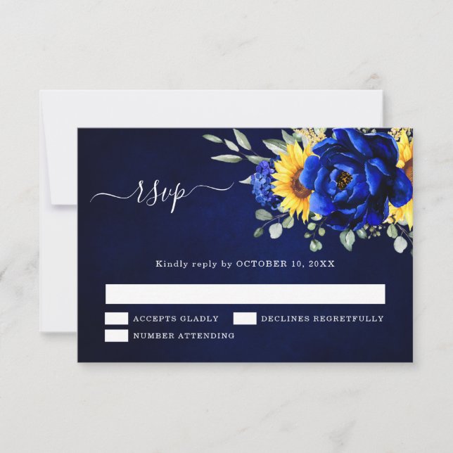 Tarjeta De Confirmación De Asistencia Royal Blue Rustic Sunflower Moderno Boda Floral (Anverso)