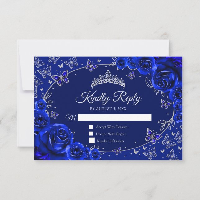 Tarjeta De Confirmación De Asistencia Royal Blue Silver Quinceanera Reply (Anverso)