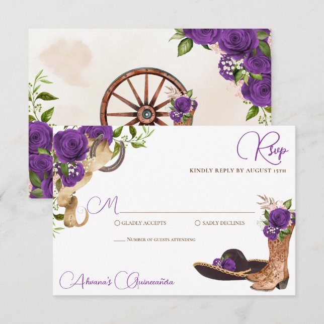 Tarjeta De Confirmación De Asistencia Royal Purple Violet Charro Western Quinceanera (Anverso / Reverso)