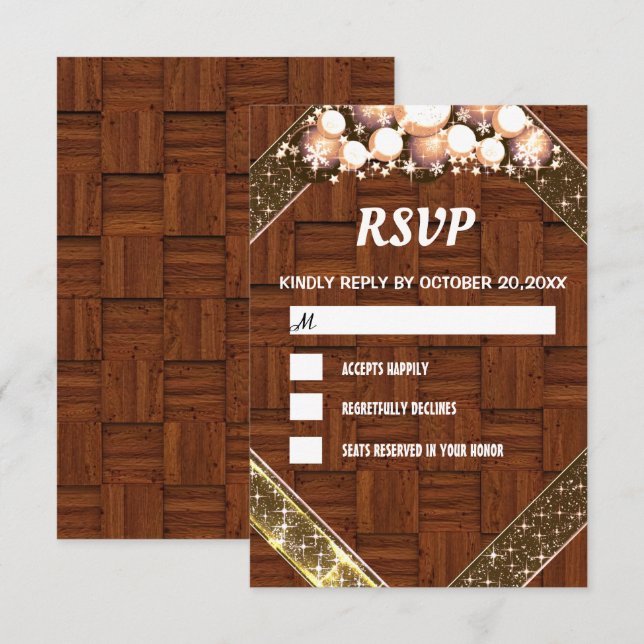 Tarjeta De Confirmación De Asistencia Rstic Wood Purpurina Gold Bright Bulbo Light (Anverso / Reverso)