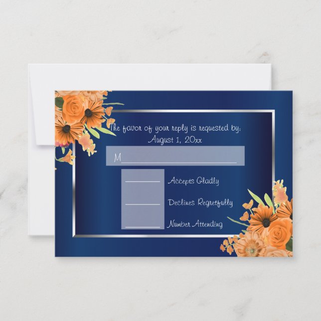 Tarjeta De Confirmación De Asistencia *RSVP - Flores Naranjas Bonitos sobre azul marino (Anverso)