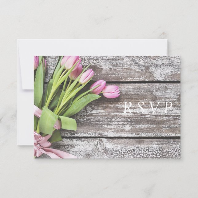 Tarjeta De Confirmación De Asistencia RSVP: Tulipanes rosados y madera (Anverso)