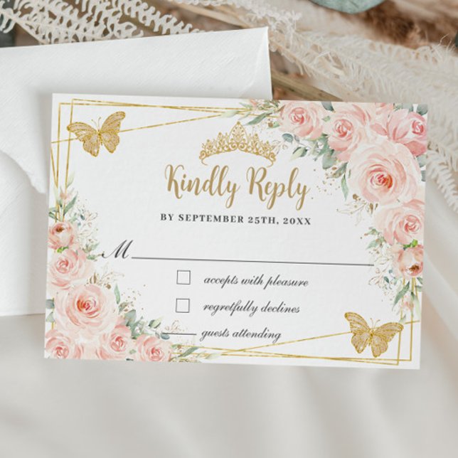 Tarjeta De Confirmación De Asistencia Rubor Floral Champagne Quinceañera Butterfly Respo (Subido por el creador)