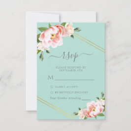 Tarjeta De Confirmación De Asistencia Rubor Floral Gold Geométrico Mint Green Boda