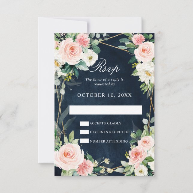 Tarjeta De Confirmación De Asistencia Rubor Navy Dusty Blue Floral Geométrica Botánica (Anverso)