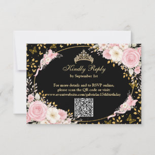 Tarjeta De Confirmación De Asistencia Rubor negro y dorado Mariposa Quinceañera
