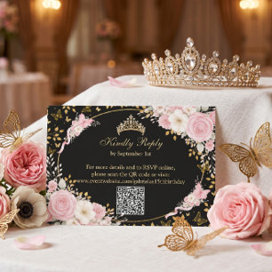 Tarjeta De Confirmación De Asistencia Rubor negro y dorado Mariposa Quinceañera