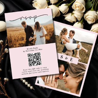 Tarjeta De Confirmación De Asistencia Rubor Pink Minimalista Script código QR Boda fotog