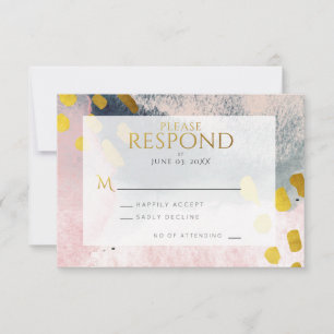 Tarjeta De Confirmación De Asistencia Rubor Rosa Gris Chic Abstracto Acuarela Dorado Fal