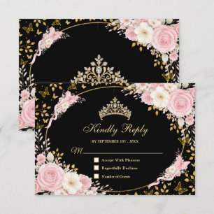 Tarjeta De Confirmación De Asistencia Rubor rosa negro y dorado Quinceañera Mariposa