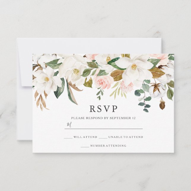 Tarjeta De Confirmación De Asistencia Rubor & White Florals Elegant Boda moderno (Anverso)