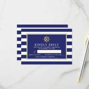 Tarjeta De Confirmación De Asistencia Rueda Dorada Náutica Vintage, Boda de Azul Marino 