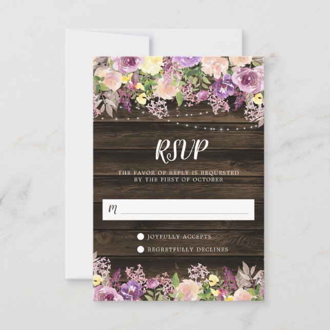Tarjeta De Confirmación De Asistencia Rusple Purple Floral String Lights (Anverso)