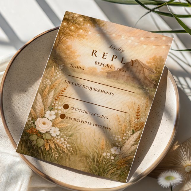 Tarjeta De Confirmación De Asistencia Rustic Barn Meadow String Lights Wedding (Subido por el creador)