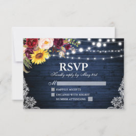 Tarjeta De Confirmación De Asistencia Rustic Blue Wood String Lights Lace Floral Boda