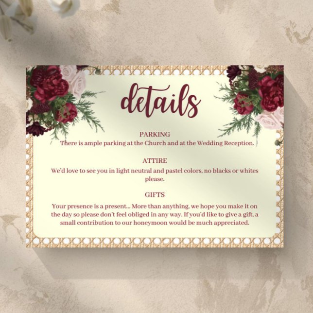 Tarjeta De Confirmación De Asistencia Rustic Burgundy Floral Wedding Details Card (Burgundy and Ivory Wedding Details Card Floral and Rattan Border)