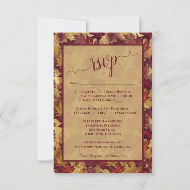 Tarjeta De Confirmación De Asistencia Rustic Burgundy & Gold Autumn Leaves Wedding (Anverso)