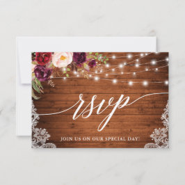 Tarjeta De Confirmación De Asistencia Rustic Burgundy Lights Lace Calligraphy Boda