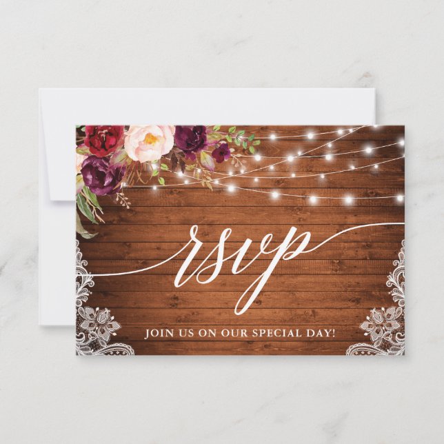 Tarjeta De Confirmación De Asistencia Rustic Burgundy Lights Lace Calligraphy Boda (Anverso)