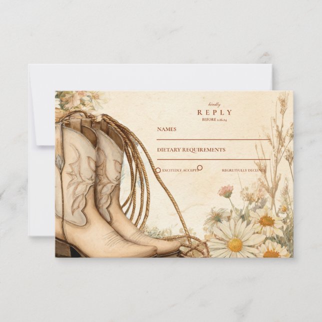 Tarjeta De Confirmación De Asistencia Rustic Cowgirl Boots Boda de flores silvestres (Anverso)