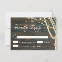 Tarjeta De Confirmación De Asistencia Rustic Dark Wood Tree Call Winter Wedding