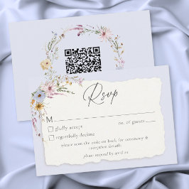 Tarjeta De Confirmación De Asistencia Rustic Dusty Blue Romantic Wildflower Wedding QR